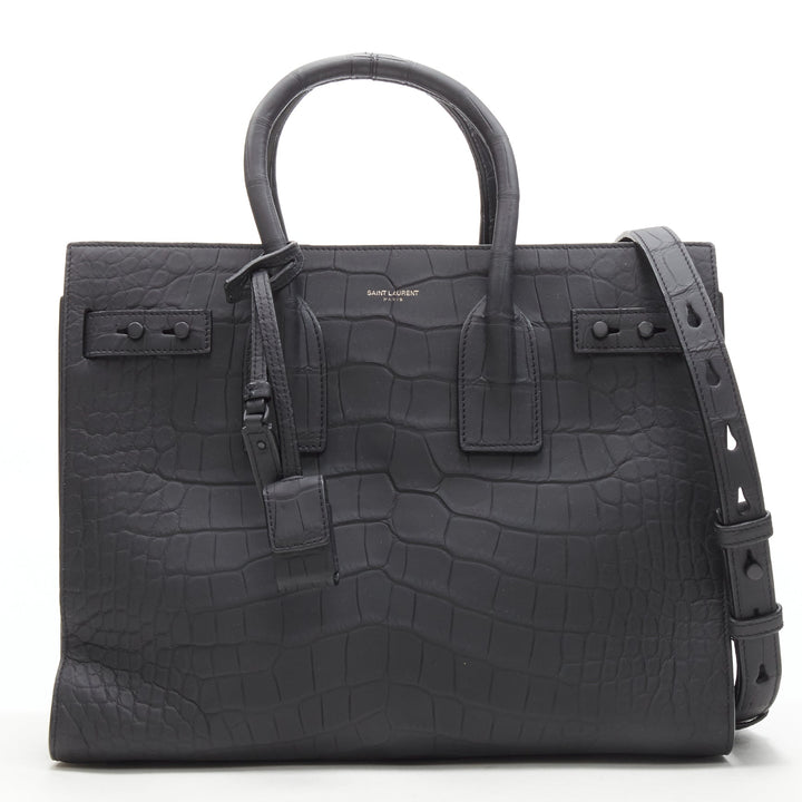 SAINT LAURENT Small Sac De Jour matte black stamped croc tote bag