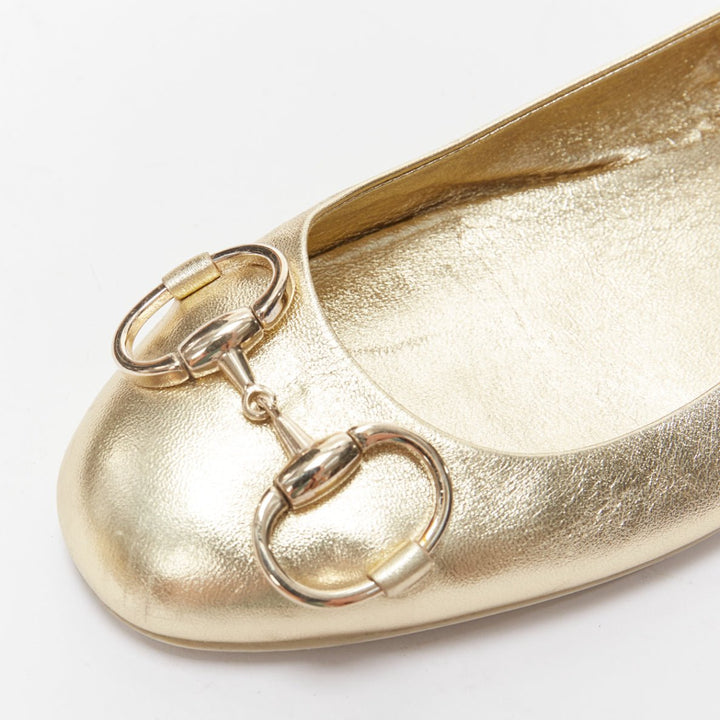 GUCCI metallic light gold Horsebit buckle round toe ballerina flats EU36