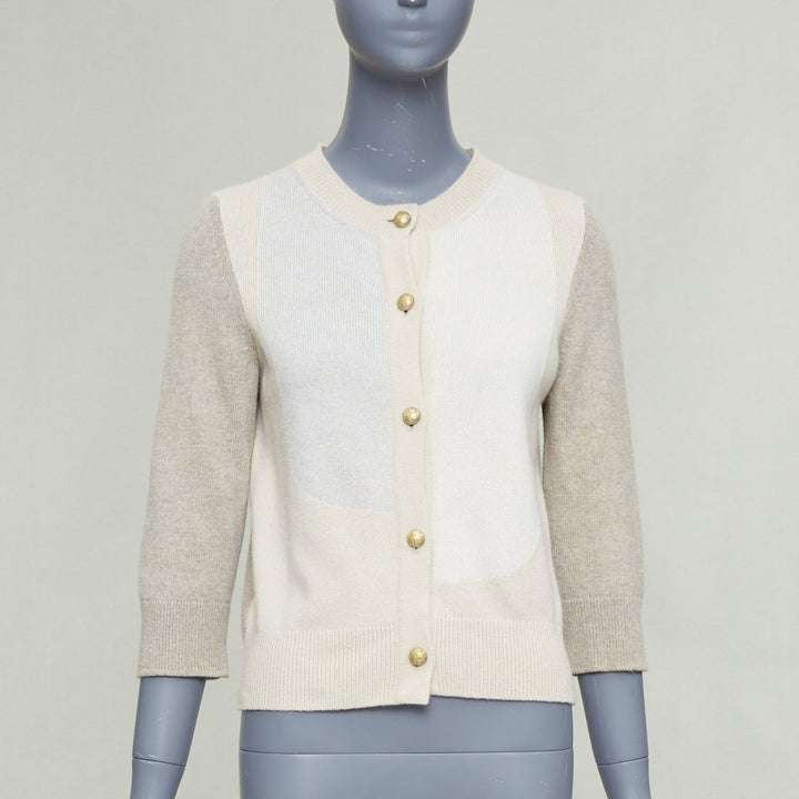 CHANEL 100% cashmere beige cream colorblocked CC buttons cardigan FR36 S