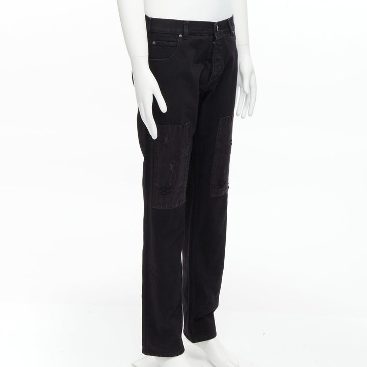 CALVIN KLEIN 205W39NYC Raf Simons black distressed satin patch washed jeans 31"