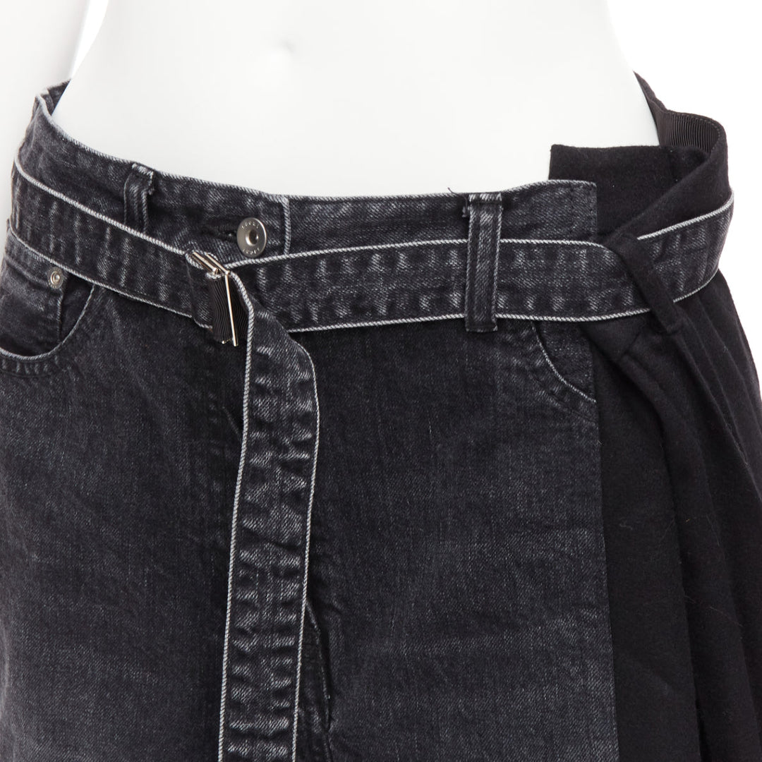 SACAI 2020 black cotton wool nylon denim pleats deconstruction shorts JP3 L