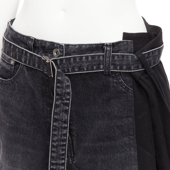 SACAI 2020 black cotton wool nylon denim pleats deconstruction shorts JP3 L