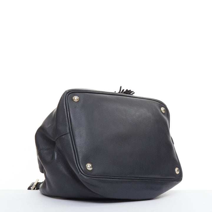 PRADA City Calf Bucket black calfskin leather triangle tassel drawstring bag