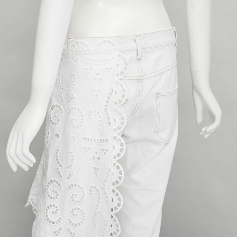 MONSE white denim cotton embroidery anglais draped trim straight leg jeans US2 S
