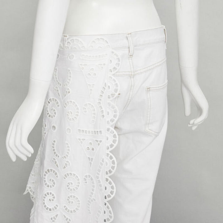 MONSE white denim cotton embroidery anglais draped trim straight leg jeans US2 S