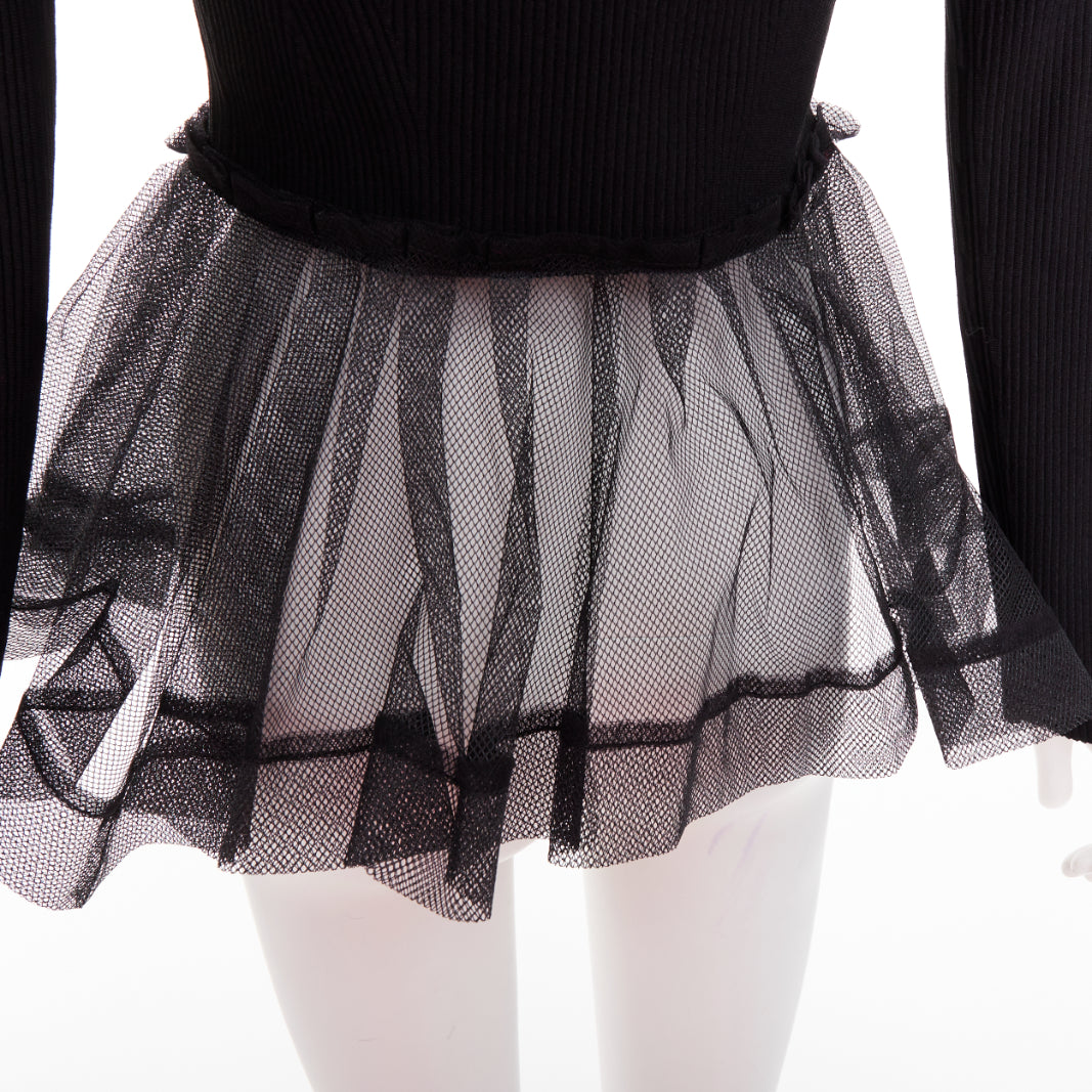 ALEXANDER MCQUEEN 2023 black ribbed stiff sheer tulle peplum cardigan sweater S