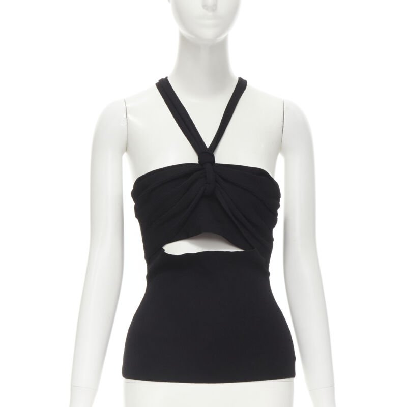 NANUSHKA black twist V strap cut out under bust knitted woven stretch top S