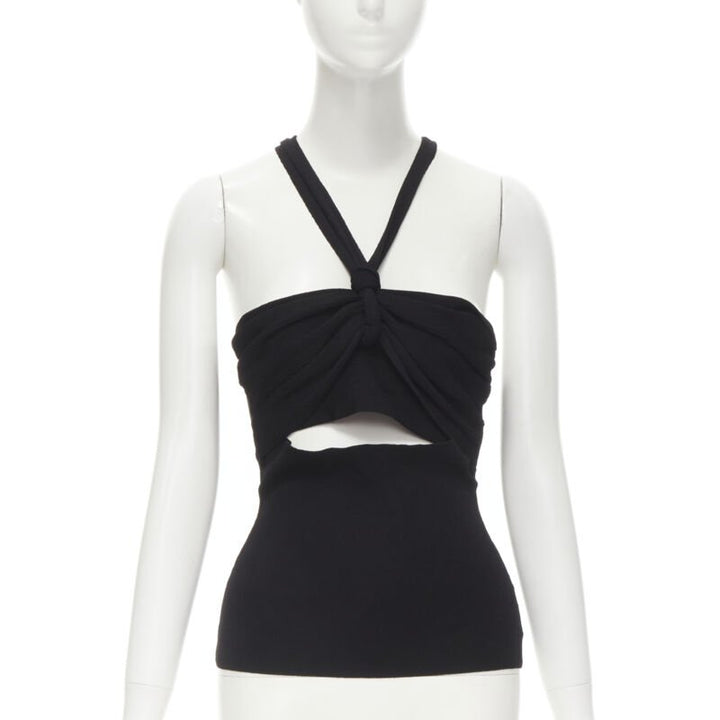 NANUSHKA black twist V strap cut out under bust knitted woven stretch top S