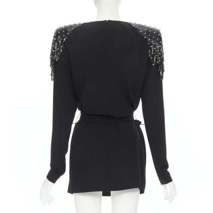 SAINT LAURENT Runway black chainmail stud shoulder pad belted dress FR38 S