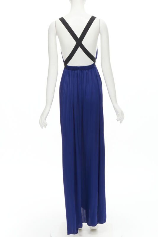 THEORY cobalt blue 100% silk black elastic cross band open. back maxi dress XS