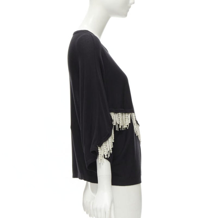 GIAMBATTISTA VALLI black dolman sleeve pearl fringe sweater top IT44 M