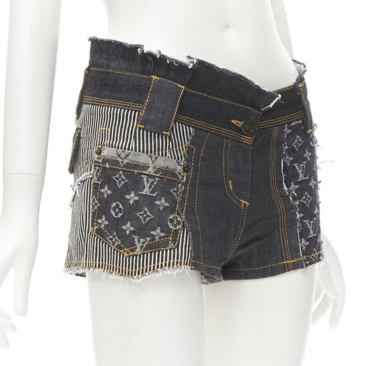 rare LOUIS VUITTON LV mongram jacquard raw cut patchwork shorts FR36 S