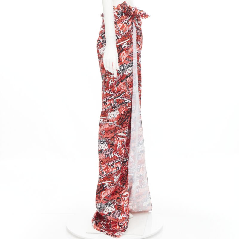BALENCIAGA Demna 2019 Runway red logo print wrap tie maxi skirt FR36 S