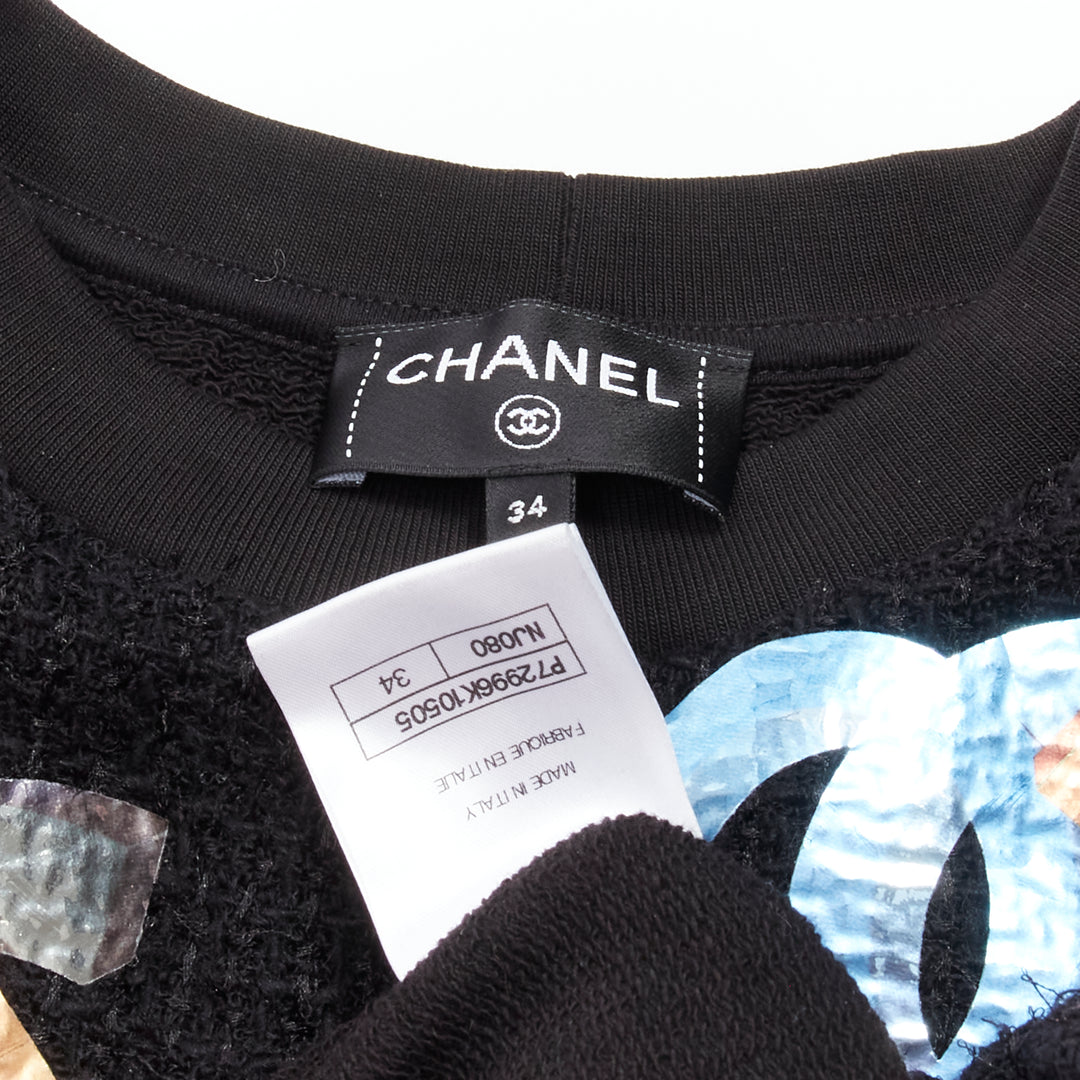 CHANEL 2022 Runway metallic CC logo graphic black tweed crew sweater FR34 XS