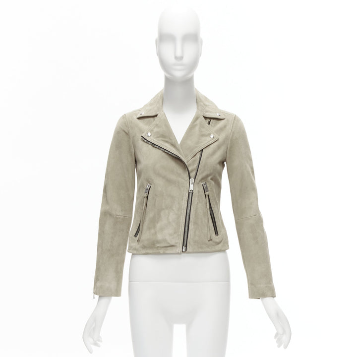ALL SAINTS Dalby grey goat suede silver hardware classic biker jacket UK6 XS