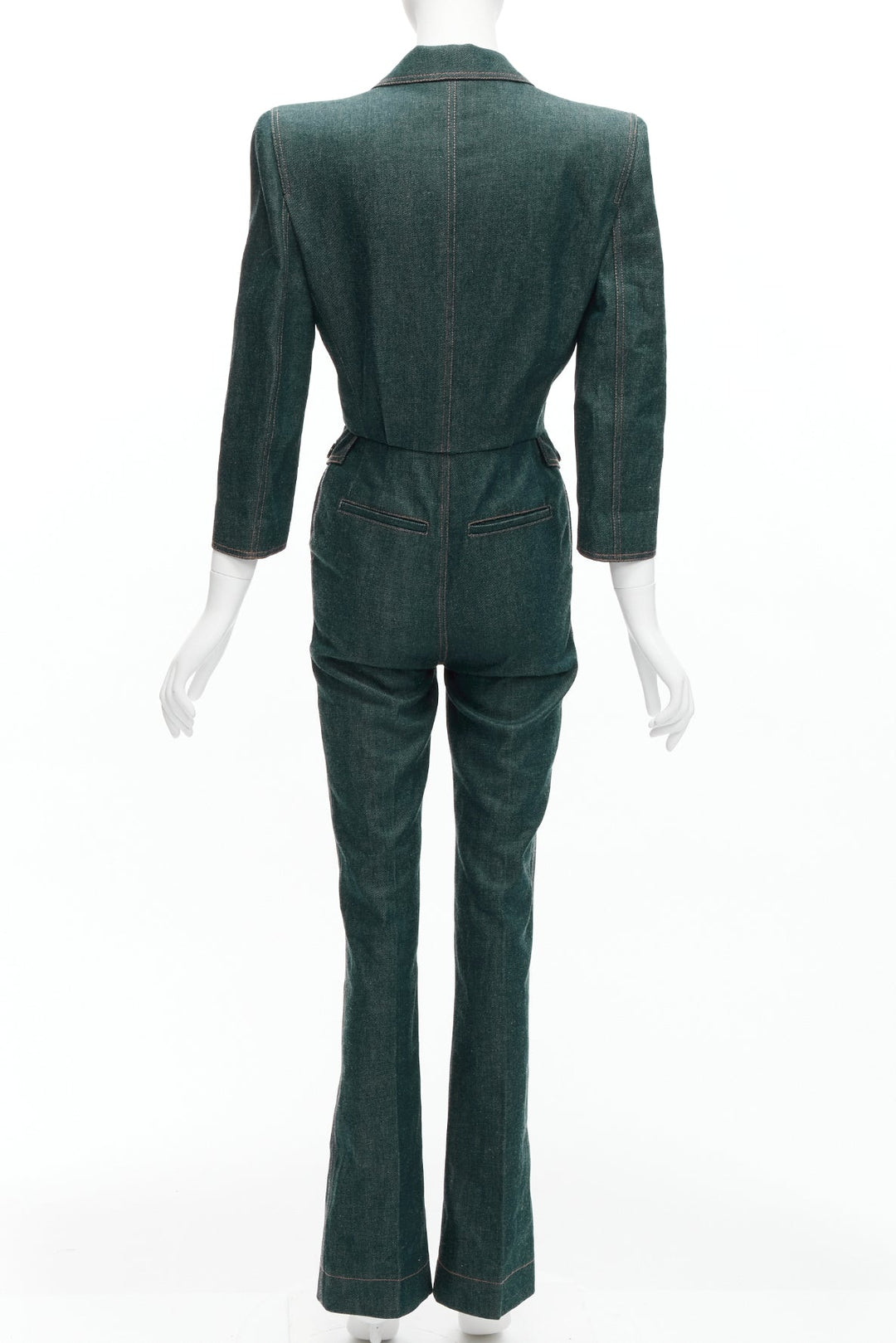 SAINT LAURENT 2022 Runway blue denim pocketed power shoulder jumpsuit FR34 XS