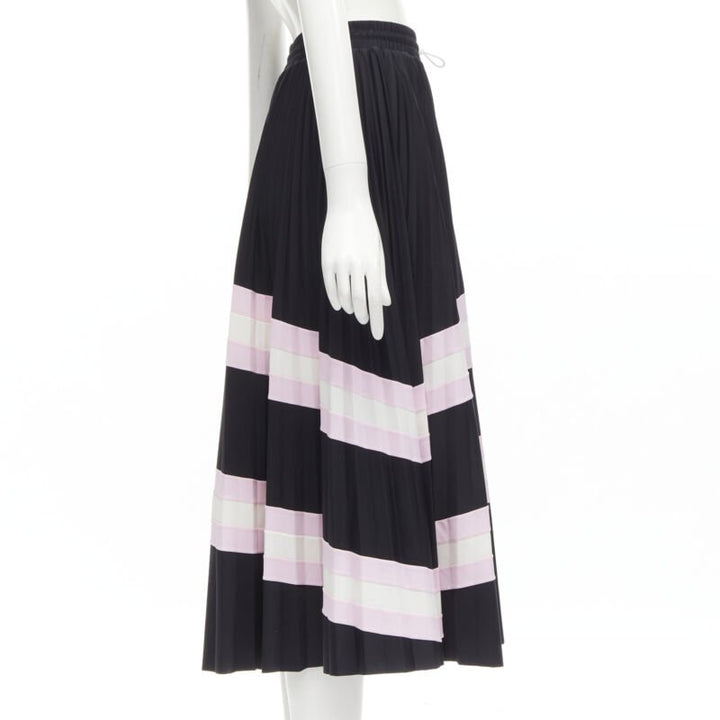 VALENTINO black pink stripes patchwork pleated toggle pleated midi skirt XS