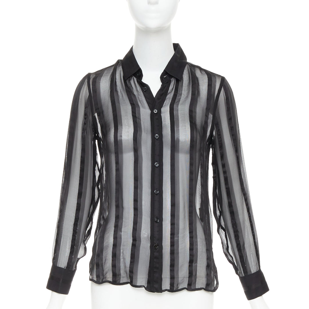 SAINT LAURENT 2013 black 100% silk vertical stripes sheer collared shirt FR36 S