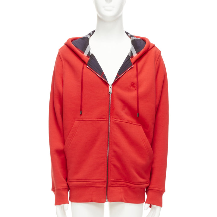 BURBERRY red cotton blend house check lined logo oversized hoodie XS