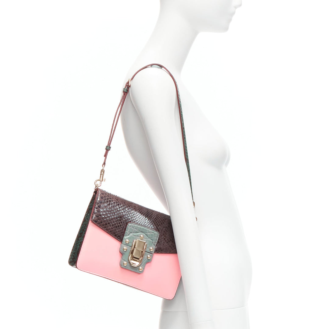 DOLCE GABBANA Lucia pink grey scaled leather flap clasp crossbody bag