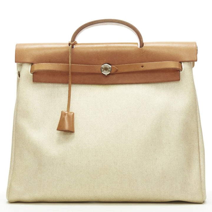 HERMES Herbag MM beige Toile coated canvas brown leather PHW 2-in-1 bag