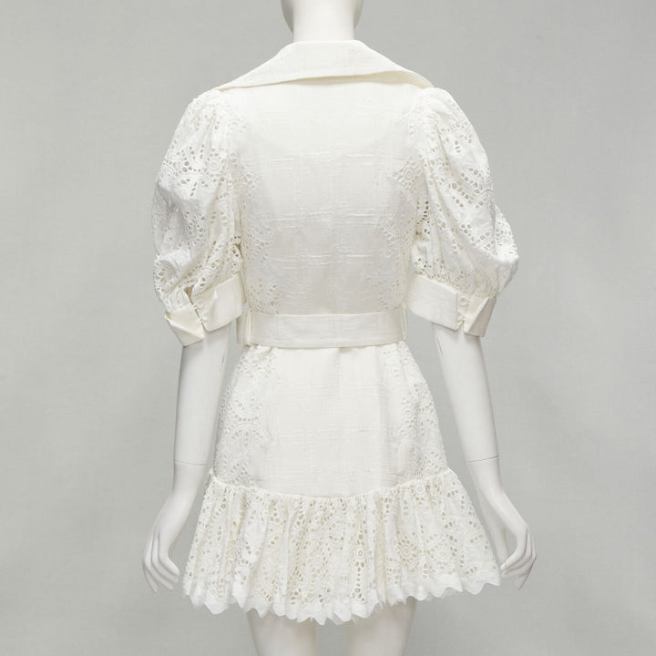 ACLER white embroidery eyelet puff sleeve belted double breasted dress US2 XS