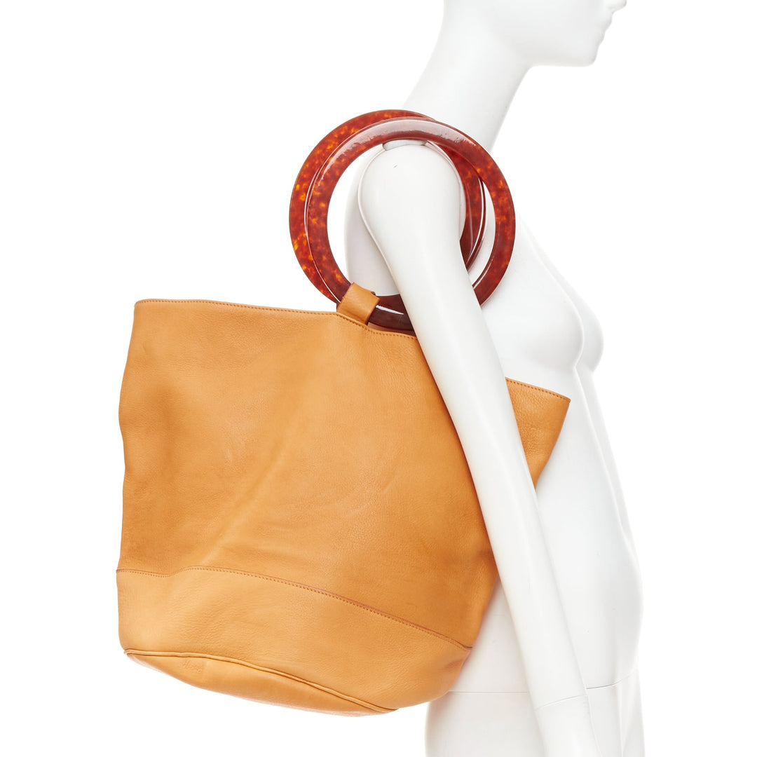 SIMON MILLER Bonsai 30 tan brown leather acrylic round handle hobo tote bag