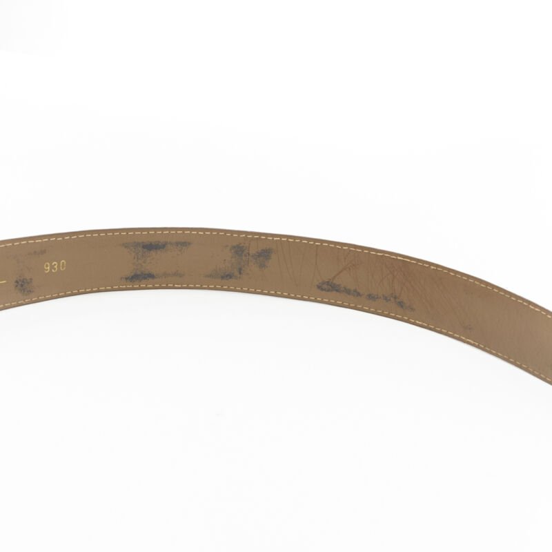 OSCAR DE LA RENTA brown stamped mock croc gold logo buckle belt 32"-36"