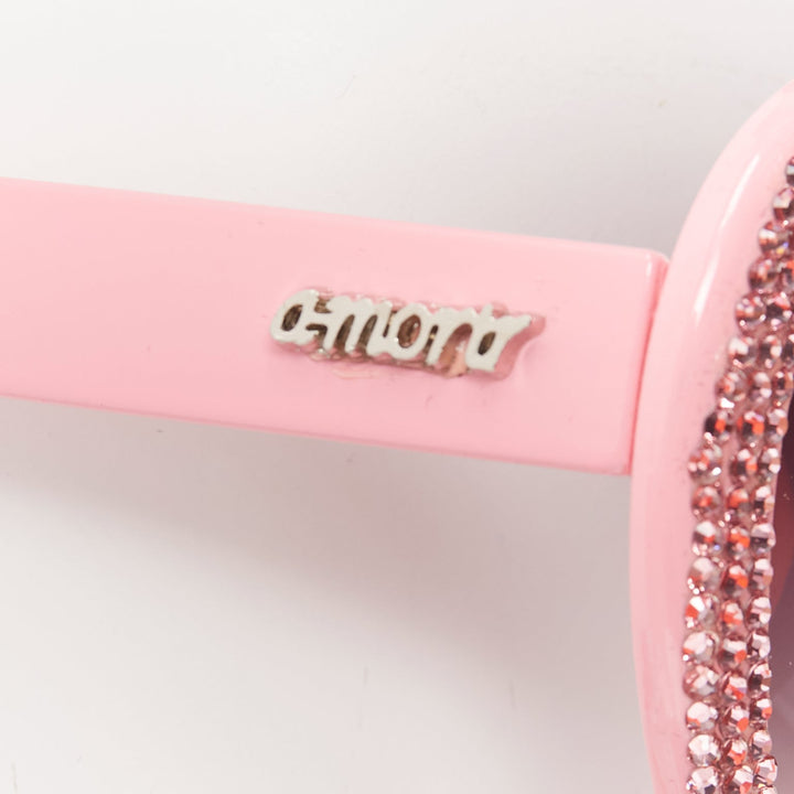 A-MORIR pink crystal encrusted heart shape silver logo sunglaseses