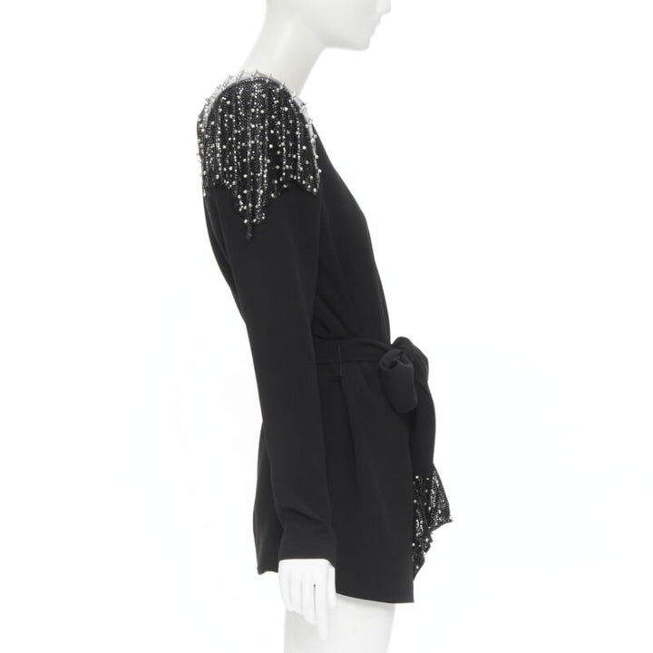 SAINT LAURENT Runway black chainmail stud shoulder pad belted dress FR38 S