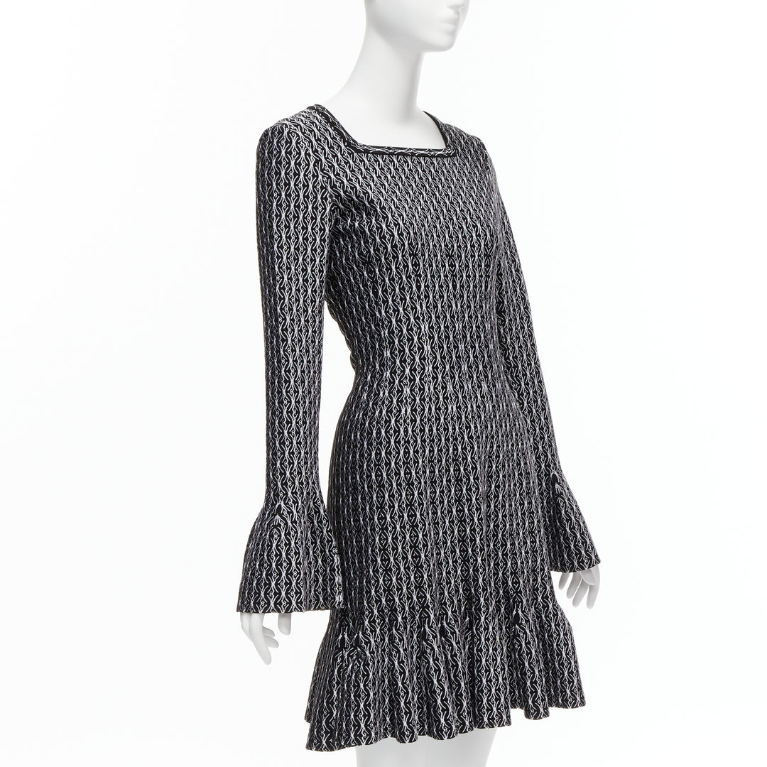 ALAIA black white wool jacquard square neck flared hem cocktail dress FR38 M