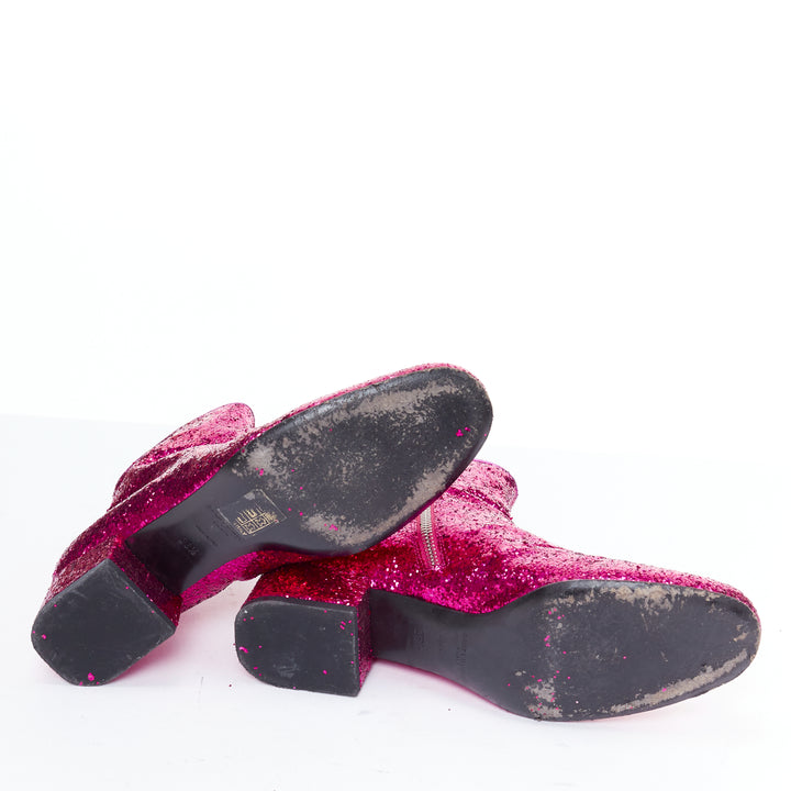 SAINT LAURENT Babies 40mm hot pink glitter chunky heel chelsea boots EU38.5