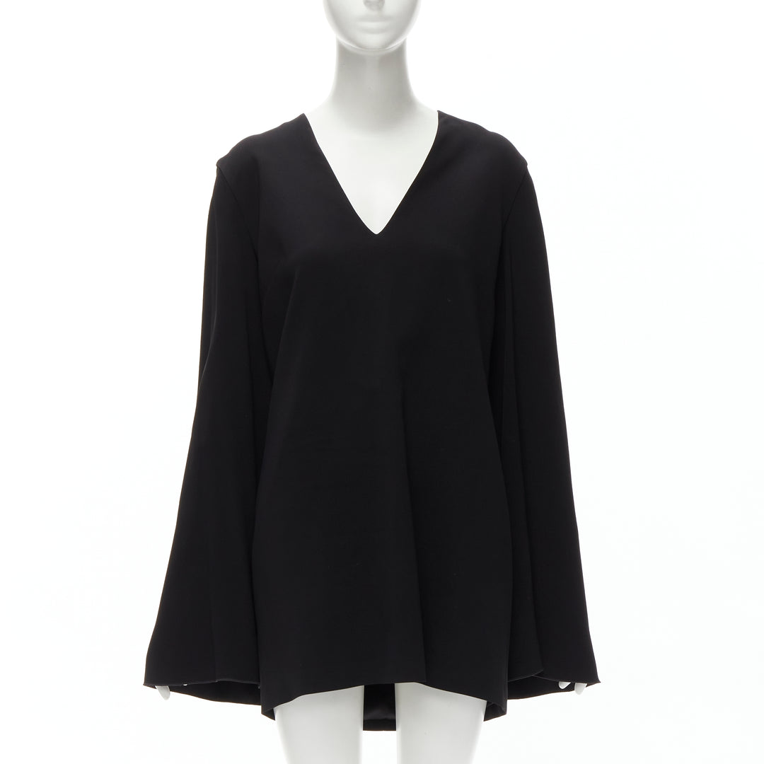 DION LEE black satin cape sleeve minimal V neck boxy short dress AUS10 M