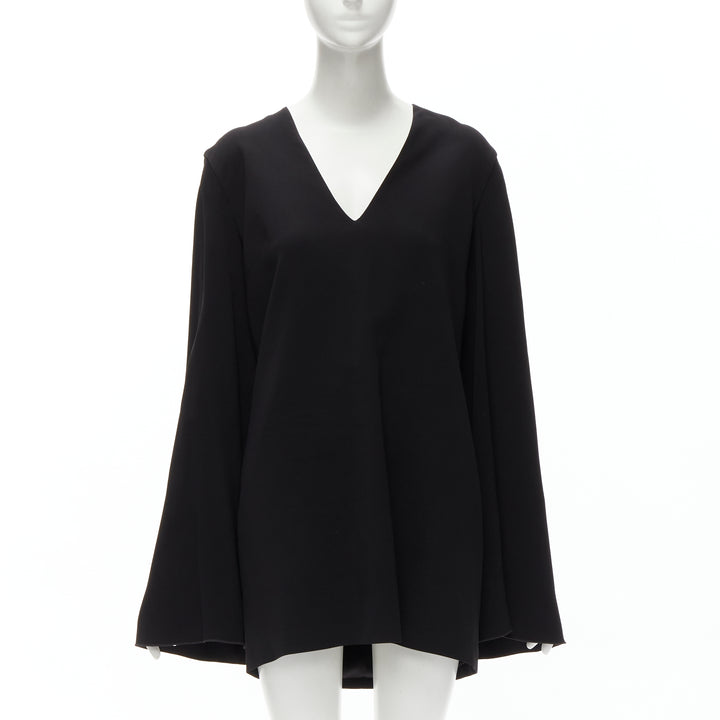 DION LEE black satin cape sleeve minimal V neck boxy short dress AUS10 M