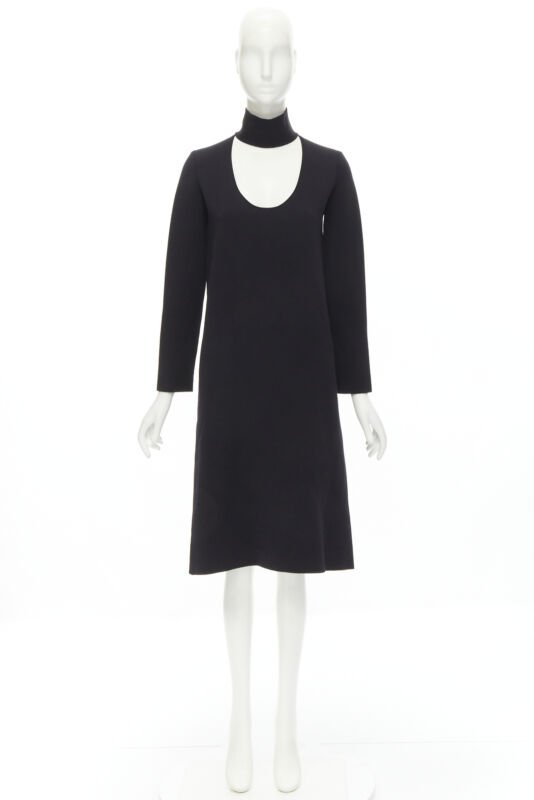 BOTTEGA VENETA 2019 Runway black thick wool blend cut out collar dress IT38 XS