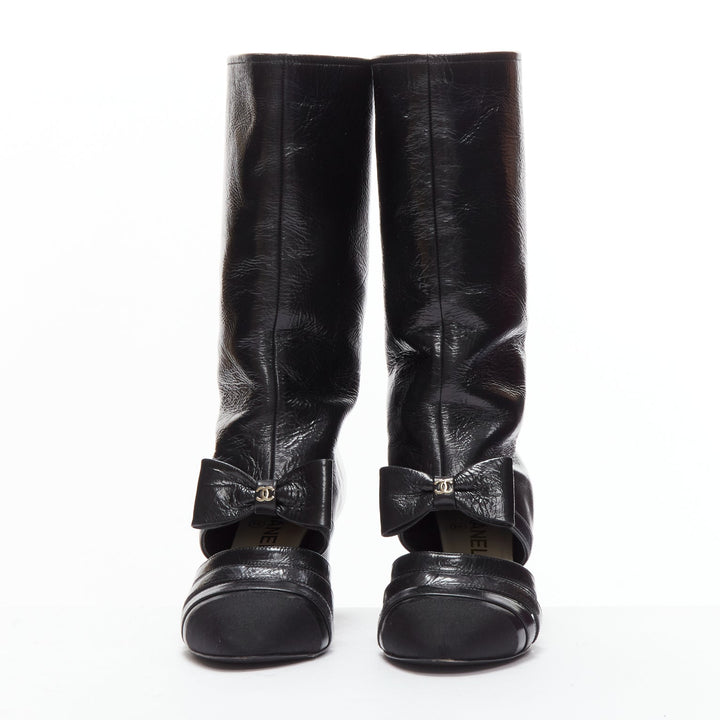 CHANEL 2023 Runway silver CC bow black leather cut out boots EU38.5