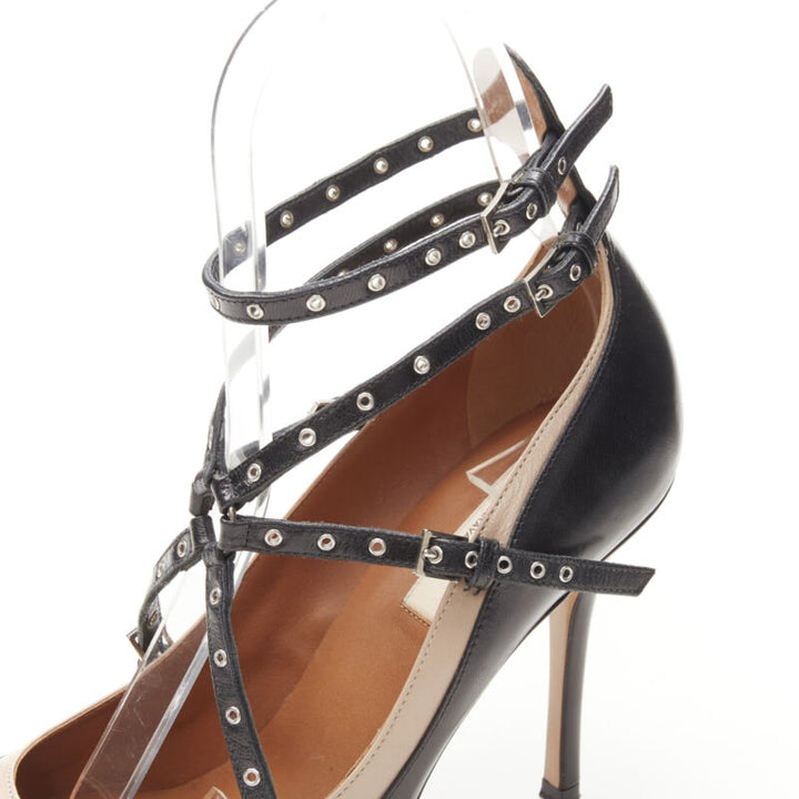 VALENTINO black beige leather silver grommet stud bondage harness pump EU38