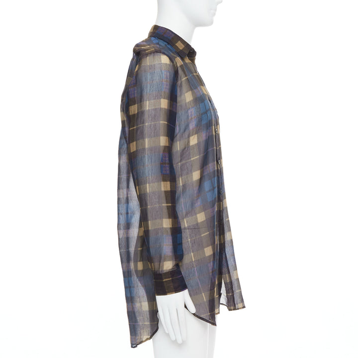 DRIES VAN NOTEN blue beige cotton silk sheer checked shirt IT48 M