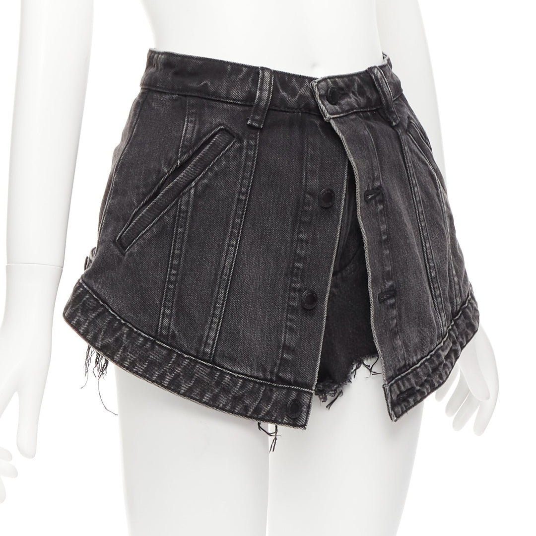ALEXANDER WANG black washed cotton layered skort high waist cutaway shorts 25"