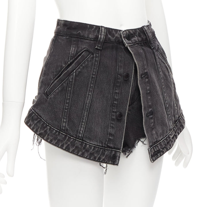 ALEXANDER WANG black washed cotton layered skort high waist cutaway shorts 25"