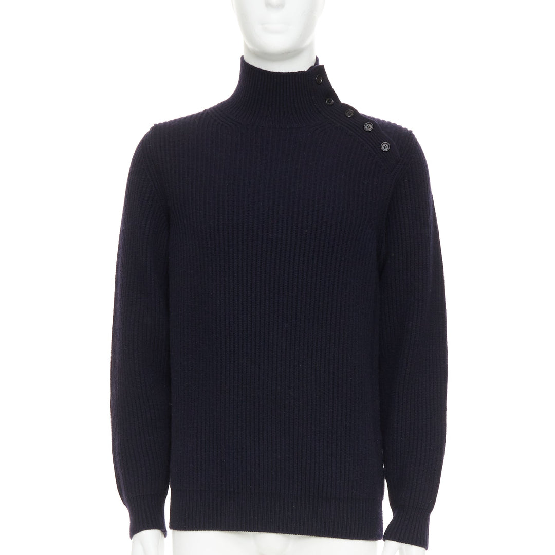 BRIONI 100% cashmere navy leather trim side button sweater IT48 M