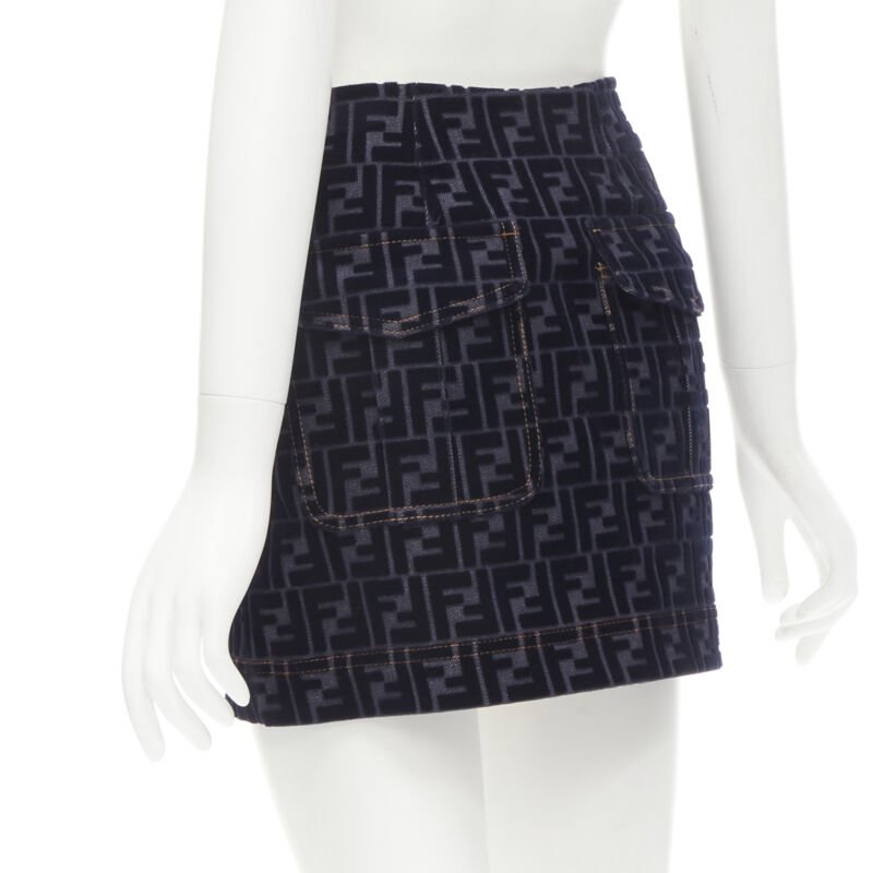 FENDI FF Zucca monogram velvet flocking mini denim skirt S