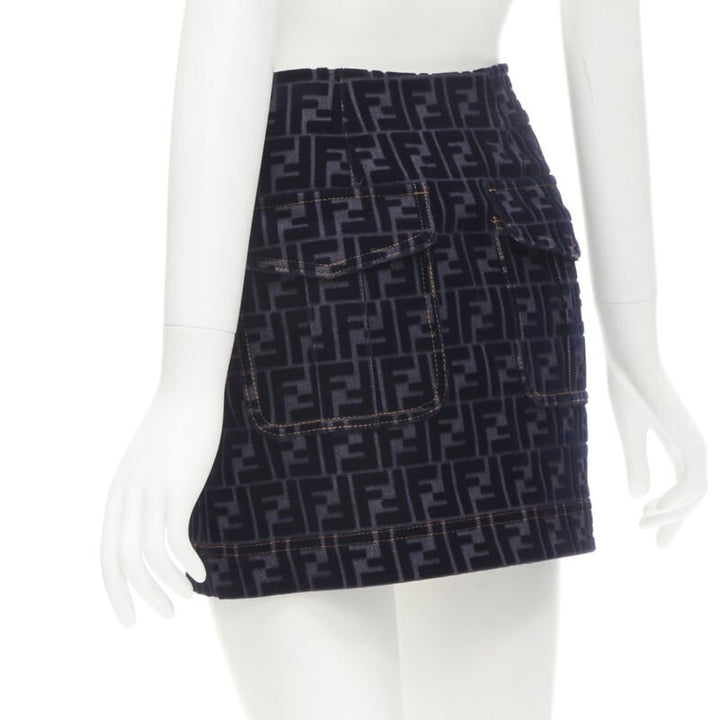 FENDI FF Zucca monogram velvet flocking mini denim skirt S