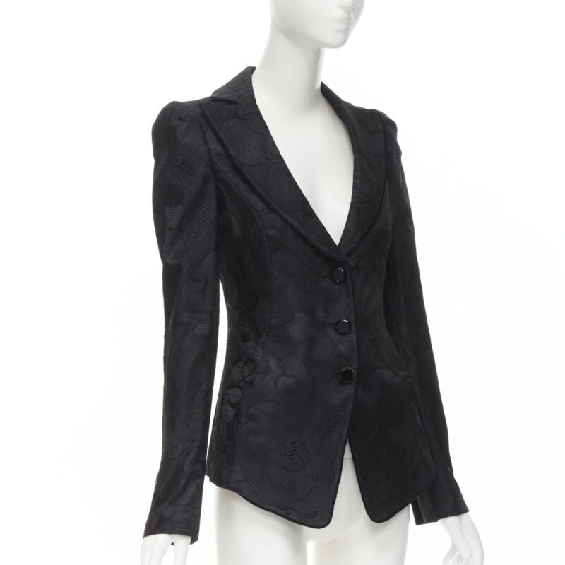 EMPORIO ARMANI black lace jewel cut buttons fitted blazer IT40 S