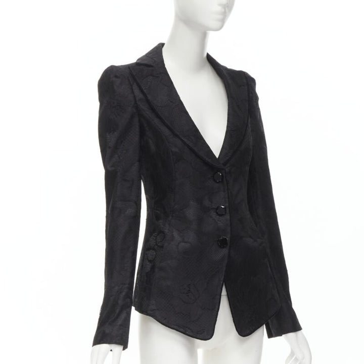 EMPORIO ARMANI black lace jewel cut buttons fitted blazer IT40 S