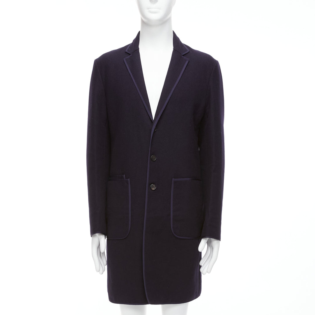 NEIL BARRETT navy wool blend ribbon trimmed pocket detail long coat IT48 M