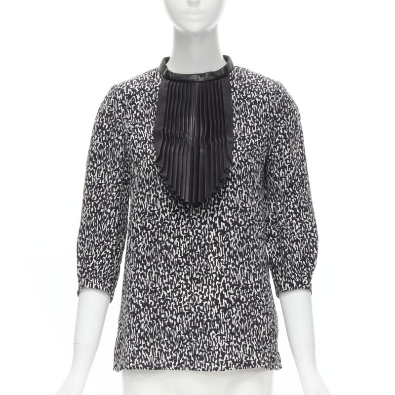SAINT LAURENT Hedi Slimane 2012 black pleated leather bib silk blouse FR38 S
