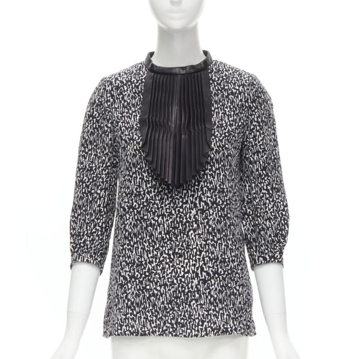 SAINT LAURENT Hedi Slimane 2012 black pleated leather bib silk blouse FR38 S