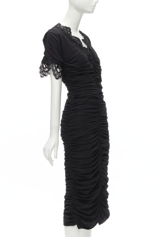 DOLCE GABBANA black silk gathered shirred lace trim cocktail dress IT42 M