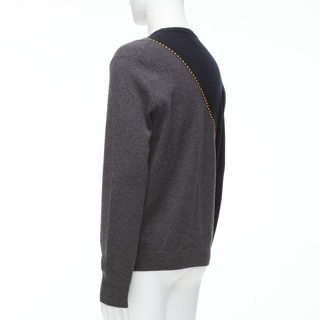 BERLUTI grey black yellow lambskin leather stitch wool cashmere split sweater M